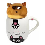 Taza De Gato Kawai Mug De Cerámica Con Tapa Dorada Cat Decor