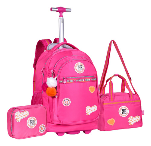 Kit Mochila Escolar Rodinha Feminina Juvenil Espaçosa Pompom