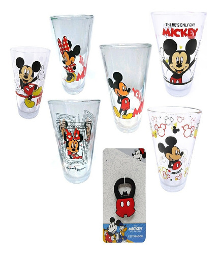 Set De 6 Vasos Vidrio Minnie Y Mickey Mouse 1 Destapador Color Transparente