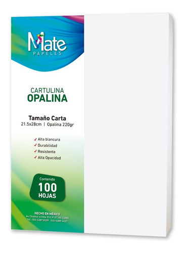 Mate | Cartulina Opalina 220 G | Tamaño Carta | 100 Hojas Color Blanco