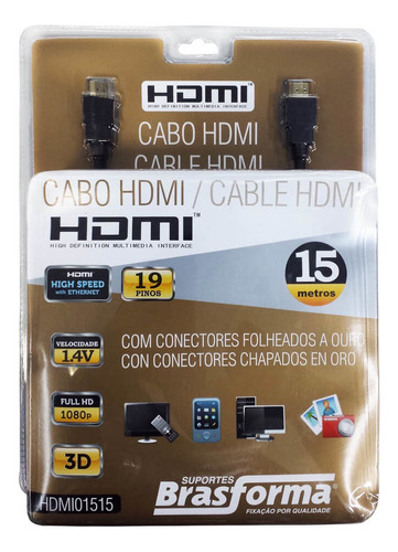 Cabo Hdmi 1.4v 15 Metros Full Hd 3d Brasforma Hdmi01515