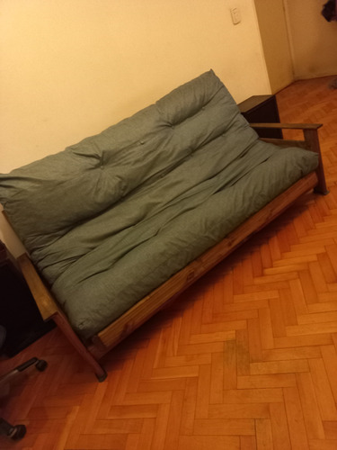 Futon De Pino Barnizado De 2 Plazas, En Tela Chenille,y Fund