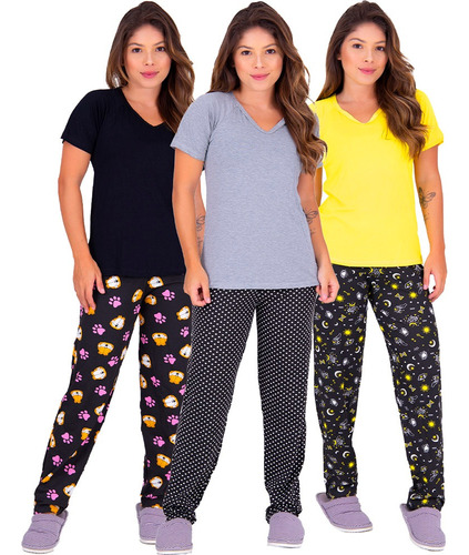 Kit 3 Pijamas Todas Estações Calça E Blusa Manga Curta 