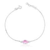 Pulseira Pedra Oval Rosa Caixinha Bracelete Prata Legitima