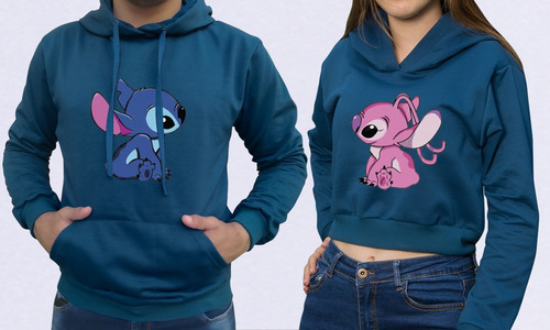 Buzo Buso Saco Hoodies Azul Petroleo Pareja Stich Y Angel