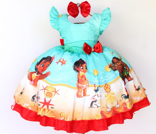 Vestido  Infantil Moana Baby Festa Temática Luxo Com Tiara