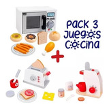 Set 3 Juego Didactico De Madera Microondas Tostador Cafetera