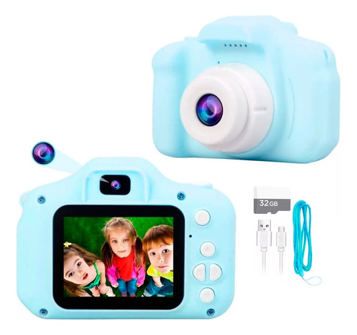 Camara Niños 1080p Fotos Video Juegos Recargable + Sd 32gb Color Azul