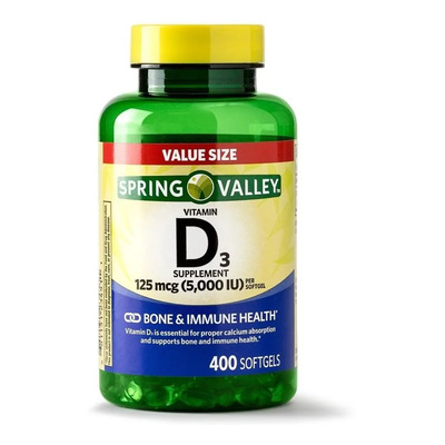 Spring Valley Vitamina D3 Premium 125 Mcg 5,000Iu 400 Softgels Sabor Sin Sabor Forma Activa De Vitamina D, Que Es Esencial Para La Absorción De Calcio, La Salud Ósea Inmunológica Y Dental | Envío gratis