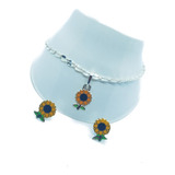 Pulsera De Girasol 1.5 Cm De Plata 925 +aretes G1