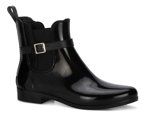 Bota De Lluvia Negro Superficie Tipo Charol Elástico Lateral