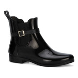 Bota De Lluvia Negro Superficie Tipo Charol Elástico Lateral