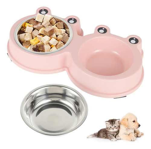 Comedouro E Bebedouro Pote Ração Duplo Cães Gatos Pet Inox Cor Sapinho Rosa