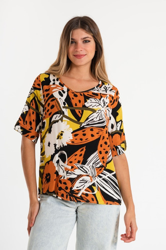 Blusa Fibrana Estampada Manga 3/4 Azul