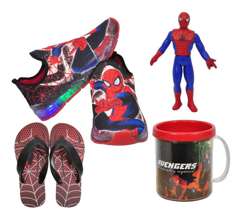 Kit Tênis Infantil Homem Aranha Led+ Boneco Caneca Chinelo