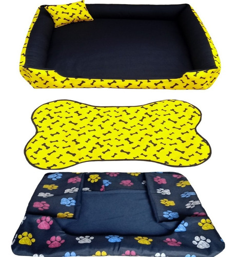 Cama Para Cachorro Grande Gg 95x95 Cm + Tapete E Capa Extra Cor Cama Amarela +capa Azul Marinho