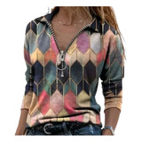 Blusa/ Camisa Feminina Elegante Manga Longa Print Multi