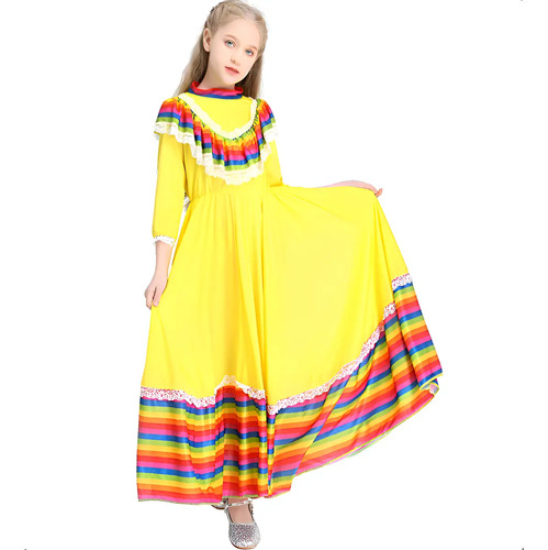 Vestido Largo De Danza Folclórica Mexicana Para Niñas,