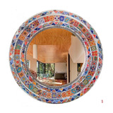 Espejo Circular De Latón Y Azulejo De Talavera 87 Cm M1  Spj