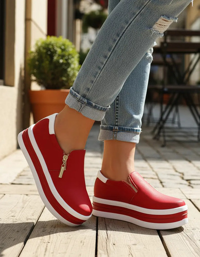Slip On Feminino Zíper Sola Borracha Com Listra | Parcelamento sem juros