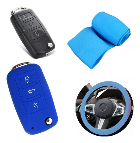 Cubre Volante + Funda Llave Silicona Volkswagen Fox Azul