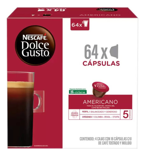 Nescafé Dolce Gusto, 64 Cápsulas , Sabor Americano