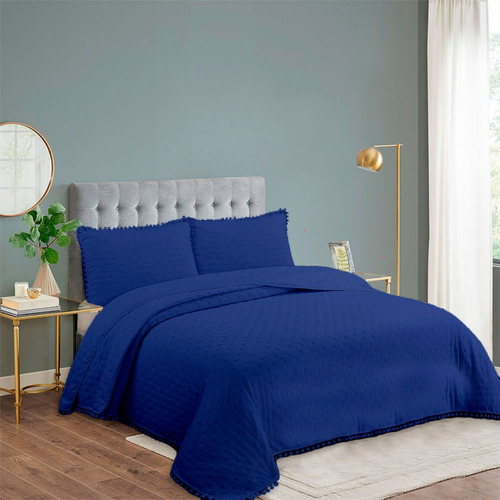 Cubrecama Quilt De Verano 2 Plazas Queen Pompones Azul