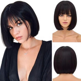 Peruca Corte Long Bob Preta Natural Idêntica A Cabelo Humano