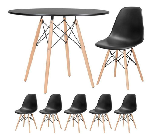 Kit Mesa Jantar Eames Wood 100 Cm  5 Cadeiras Eiffel Cores Cor Da Tampa Mesa Preto Com Cadeiras Preto