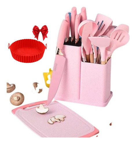 Conjunto 19 Peças Kit Utensílios De Cozinha Silicone Madeira