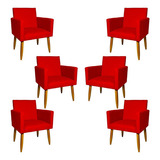 Kit 6 Poltronas Decorativas Para Sala Cadeira Pé Castanho Cor Vermelho Desenho Do Tecido Suede