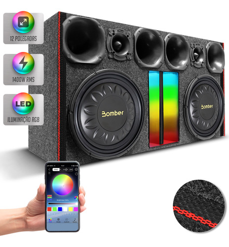 Caixa Som Trio Bomber 1400w Subwoofer Slim 12 Pol Led Rgb