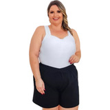 Bermuda Gorgurão Fem Canelada Cós Alto Elastano Plus Size 