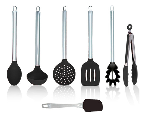 Jogo 7 Pç Colheres De Silicone Cabo Inox Utensílios Cozinha