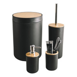 Kit De Banheiro Lixeira Saboneteira Preto Com Bambu 4 Peças