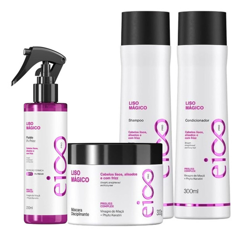 Kit Eico Liso Mágico Sh 300ml+ Cond 300ml+ Másc 300g+ Spray 