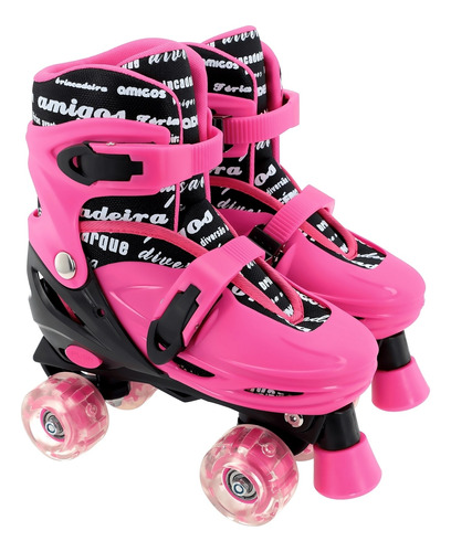 Patins Infantil Quad Roller 4 Rodas Rosa Ajustável Com Luz