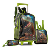 Kit Mochila Escolar Infantil Dinossauro T-rex Verde E Preta