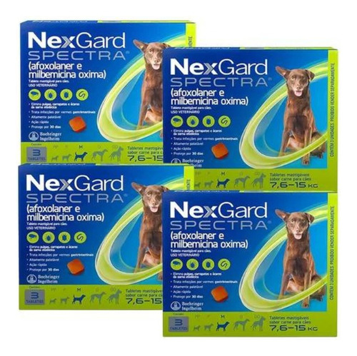 4 Nexgard Spectra Antipulga Para Cães Cão 7,6 A 15 Kg 12 Tab
