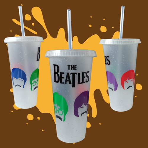 Vaso The Beatles - Los Beatles Grande Con Tapa Y Popote