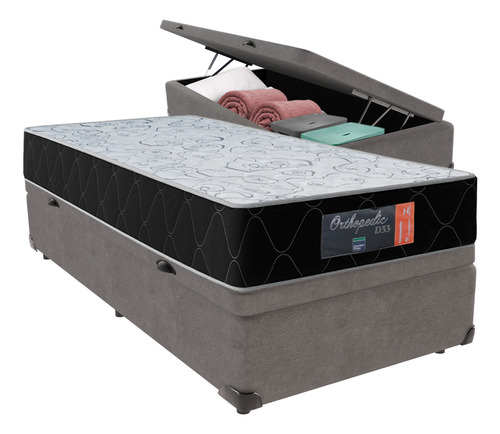 Cama + Box Baú Solteiro Cinza Colchão Orthopedic Comfort