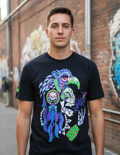 Playera Calavera Guerrero Aguila Efecto Neón Con Luz Negra