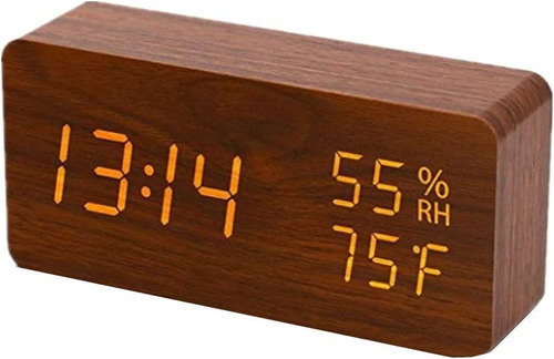 Reloj Despertador Digital Madera Led Temperatura Alarma Usb