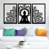 Quadros 3 Peças Meditação Mandala Buda Geometria Cor Preta