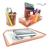 Kit Escritório Porta Caneta Organizador Mesa Bandej Rosegold