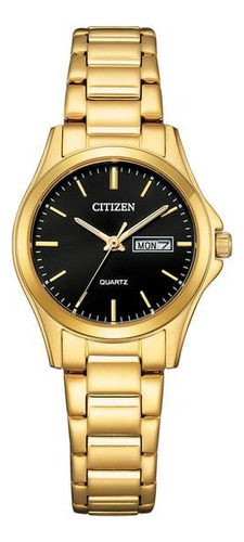 Reloj Citizen Eq061258f Para Mujer Triple Manecilla Acero Malla Dorado Bisel Dorado Fondo Negro