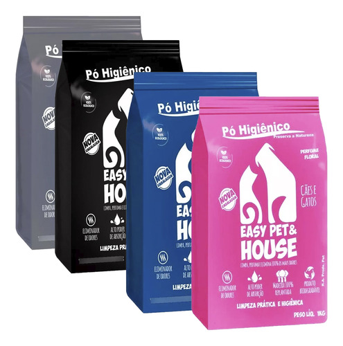 4 Pó Higiênico Easy Pet Seca Xixi Fezes Perfumado 1 Kg Cada