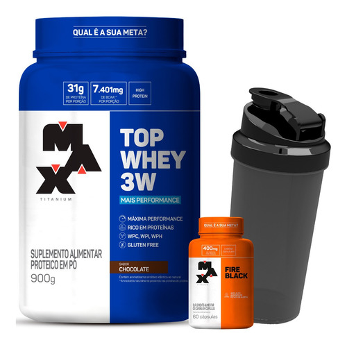 Top Whey 3w Max Titanium 900g + Termogenico + Brinde