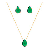 Conjunto Colar Brinco Gota Verde Esmeralda Folheado Ouro