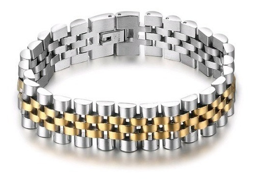 Pulseira Masculina Bracelete Prata Aço Inox Banhada A Ouro